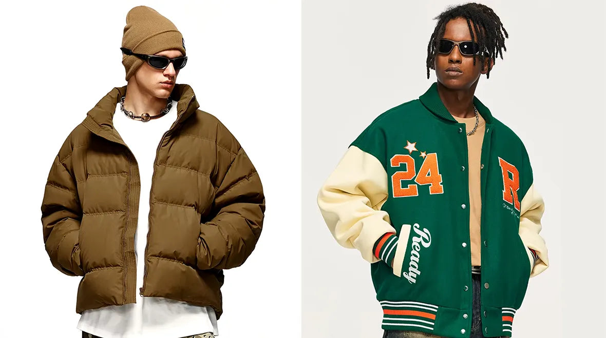 Two men, one in a brown puffer jacket and the other in a green y2k jacket with the number "24."